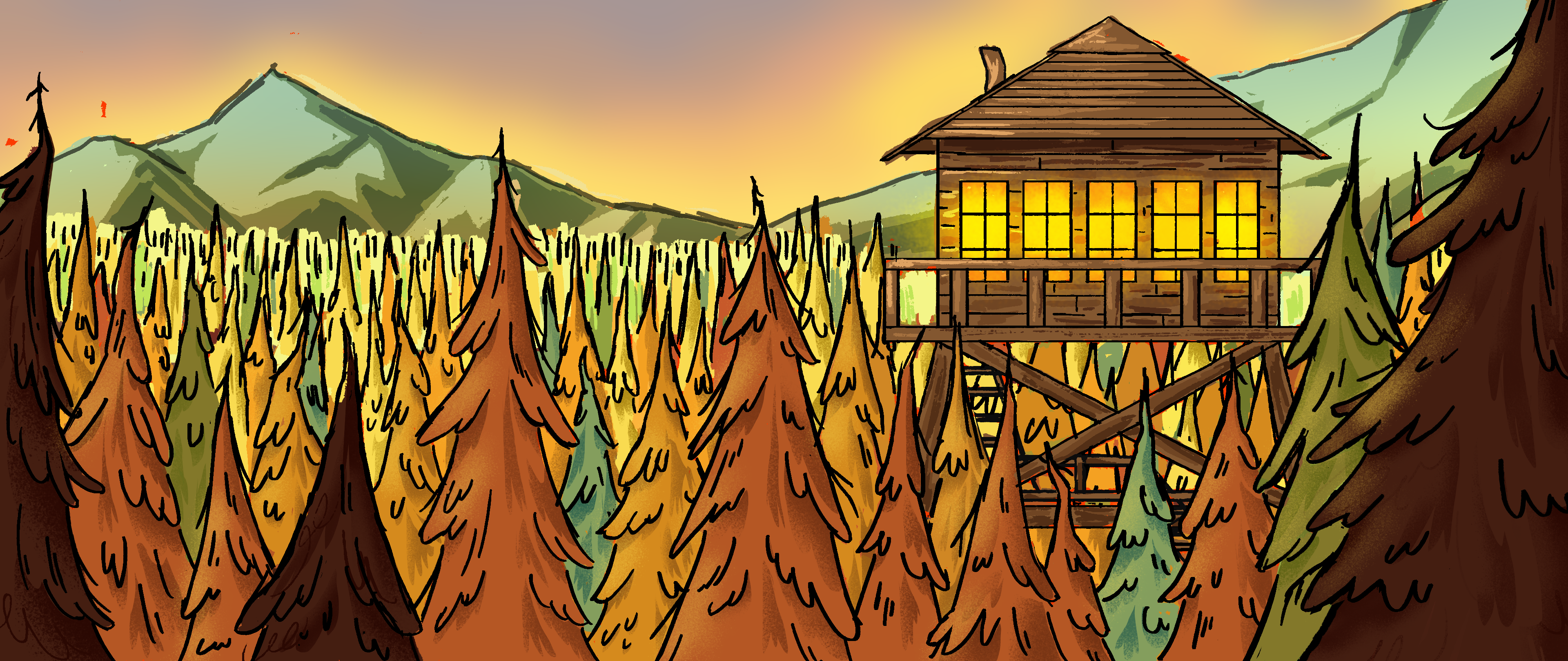An exterior of the Firewatch Tower, during fall